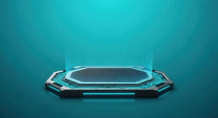 Futuristic digital platform with glowing circuits and data projection, ready for innovation.