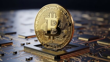 Golden Bitcoin coin on computer circuit board, symbolizing cryptocurrency and modern technology