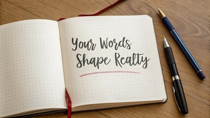 Fototapeta premium Notebook with 'Your Words Shape Realty' handwritten quote