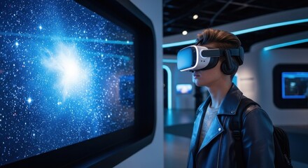 Person wearing virtual reality headset exploring a digital galaxy simulation.