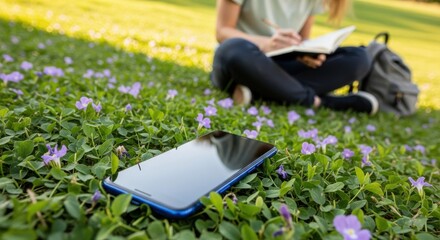 Person writing in notebook on grass with phone and flowers