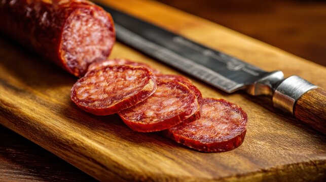 Sliced salami on wooden cutting board with knife - close-up of cured meat.