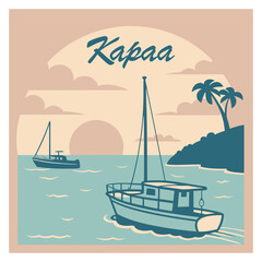 Kapaa Hawaii Sunset Boat Scene Illustration
