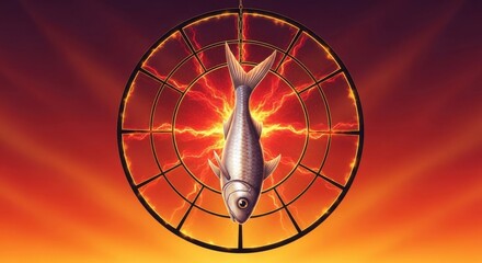 A single fish hangs suspended inside a circular frame with fiery lightning background.