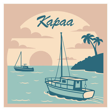 Kapaa Hawaii Sunset Boat Scene Illustration