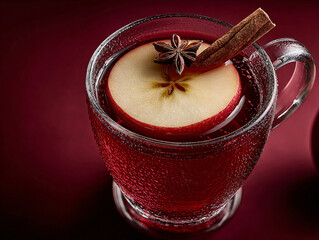 a clear glass mug filled with a red liquid, garnished with a slice of apple, an anise star, and a cinnamon stick. The background is solid dark red.