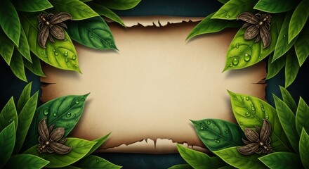A vintage parchment framed by lush green leaves and decorative insect motifs.