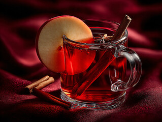 a clear glass mug filled with a red liquid, garnished with a slice of apple, an anise star, and a cinnamon stick. The background is solid dark red.
