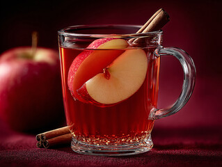 a clear glass mug filled with a red liquid, garnished with a slice of apple, an anise star, and a cinnamon stick. The background is solid dark red.