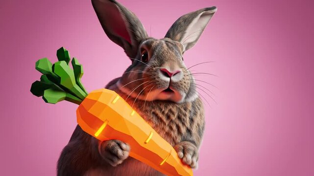 Cute Rabbit Holding Big Carrot Adorable Pet Animal Concept.