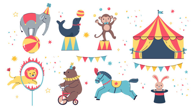 A set of cute circus animals. Vector graphics.