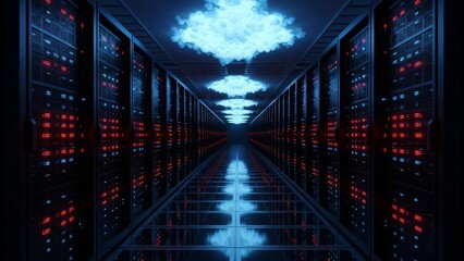 Modern data center with cloud computing servers and red blue lights