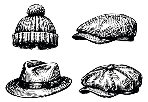 Hand drawn line art hats set featuring a beanie, flat cap, and fedora for fashion accessories