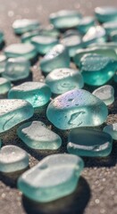 Many smooth sea glass pieces scattered on textured sand with sunlight.