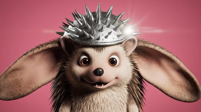Funny Hedgehog Character with Spiky Helmet and Big Ears.
