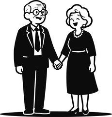 Elderly Couple Holding Hands, Black and White Vector Illustration