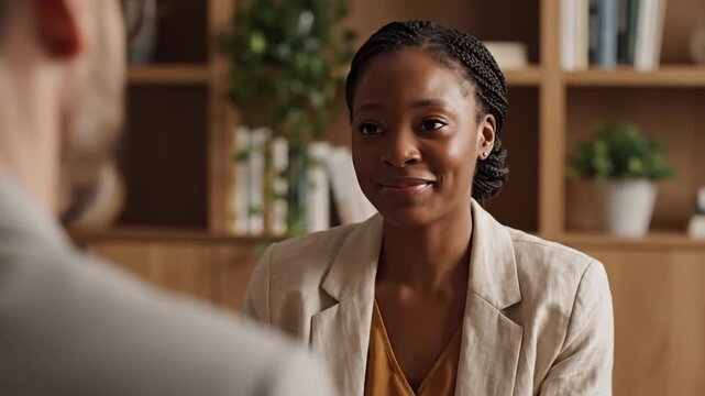 Professional Black Woman smiling during office consultation