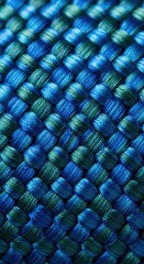 Close up of woven blue and green threads creating a textured pattern.