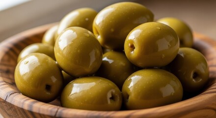 Ripe green olives glistening in a rustic wooden bowl ready for eating.