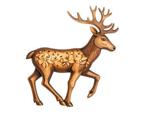 Fototapeta premium Wooden stag with carved floral details, walking right
