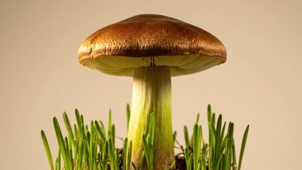 A single mushroom with a brown cap emerges from grass, set against a neutral background