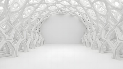 a futuristic architectural interior with a repeating cellular pattern forming an arched walkway and bright white aesthetic