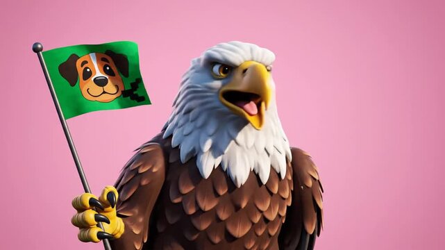 Cartoon Eagle Holding Flag with Dog Face  Patriotism Animal Mascot.