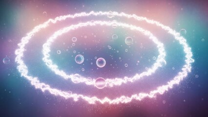 Vibrant luminescent energy rings surrounded by glowing bubbles in an abstract cosmic scene