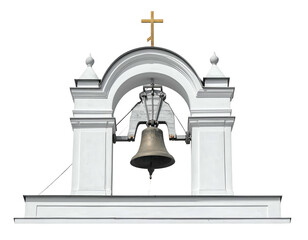 Ornate white bell tower with a large bronze bell and cross
