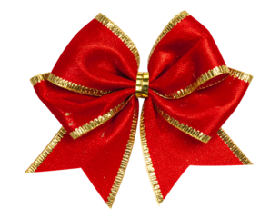 Vibrant red satin bow with gold trim, perfect for decoration