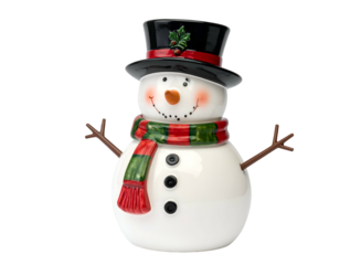 Cheerful ceramic snowman with top hat, scarf, and button eyes