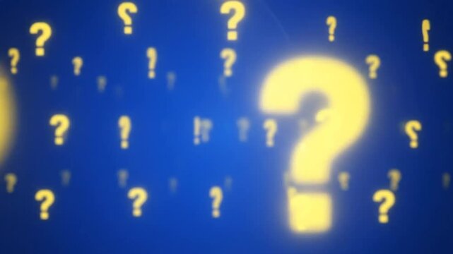 Abstract background featuring multiple yellow question marks and exclamation points on a vibrant blue backdrop for inquiry