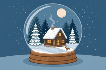 Charming illustration captures a cozy, illuminated log cabin nestled in a snowy forest scene inside a classic glass snow globe under a pale winter moon.