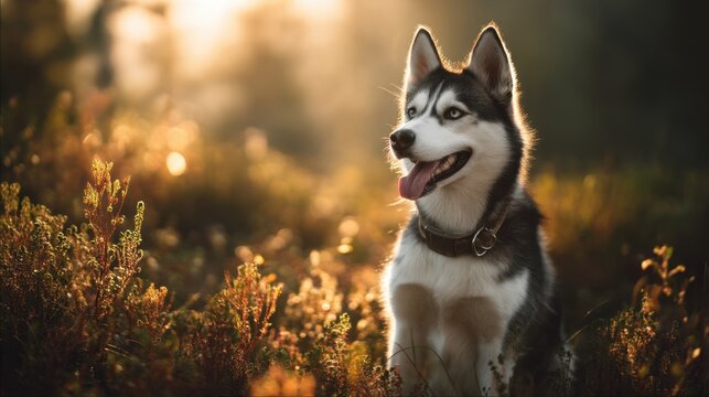 Siberian husky in sunlit meadow with lush autumn foliage.