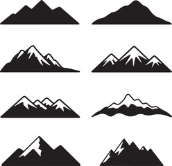 Collection of various mountain silhouettes on white background