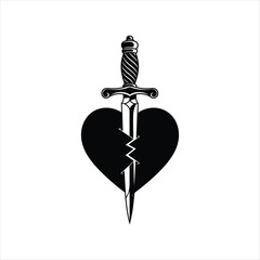 A stark black silhouette depicting a dagger piercing a human heart