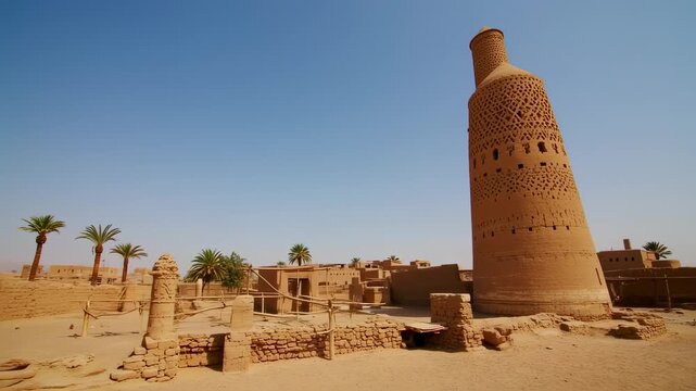 An ancient desert settlement with a tall, elaborately patterned structure and palm trees under a clear blue sky