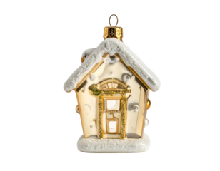 Glistening golden house ornament with snowy roof
