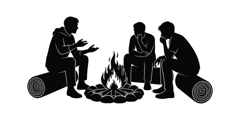 Silhouetted friends gather around a warm glowing campfire at night