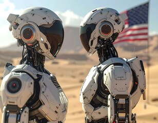 Fototapeta premium Two advanced robots with American flag in background, arid landscape