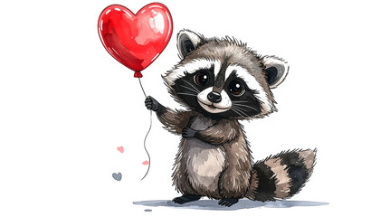 Adorable raccoon cartoon, holding a red heart balloon, with floating hearts