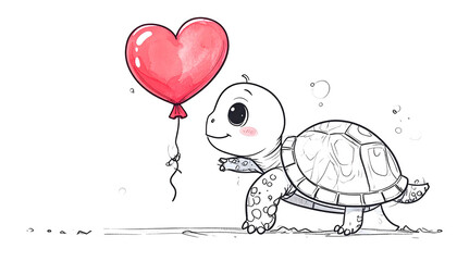 Cartoon turtle smiles and offers a heart-shaped balloon against a transparent background