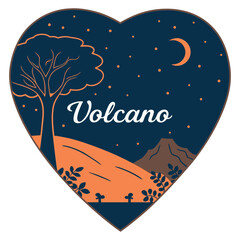 Night Sky Volcano Heart Badge with Moon Vector Illustration