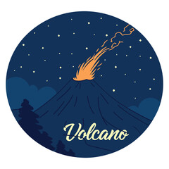 Erupting Volcano Night Scene Circle Badge Vector Illustration