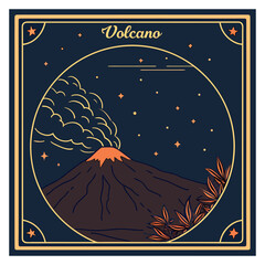 Vintage Night Volcano Badge with Stars and Smoke Vector Illustration