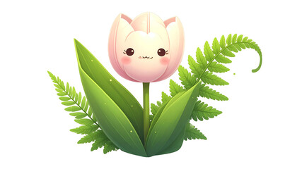 A cute cartoon tulip with a smiling face and surrounding green leaves and fern