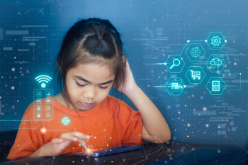 Child using smartphone with digital interface and futuristic technology concept