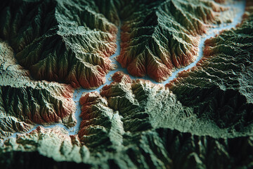 Aerial view of rugged mountain terrain with deep valleys and peaks