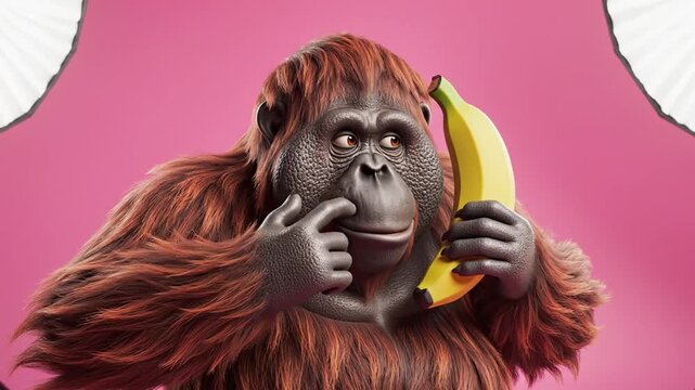 Orangutan Holding Banana Like Phone Funny Primate Communication Concept.