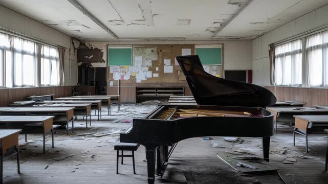 Abandoned classroom with grand piano and scattered papers in a neglected school building